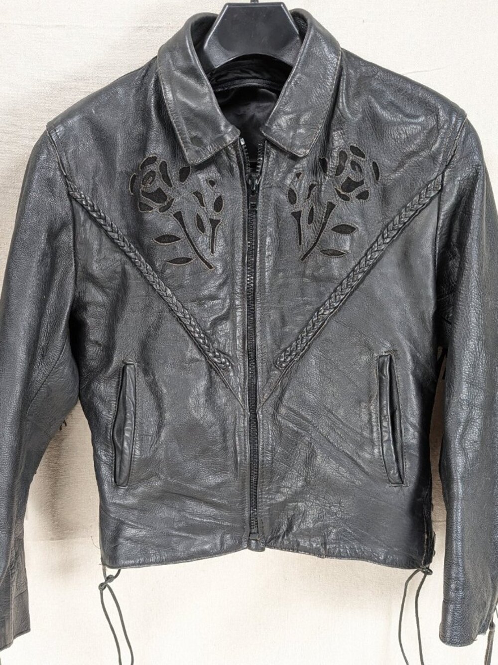 Black Leather Women's Floral Cutout Jacket